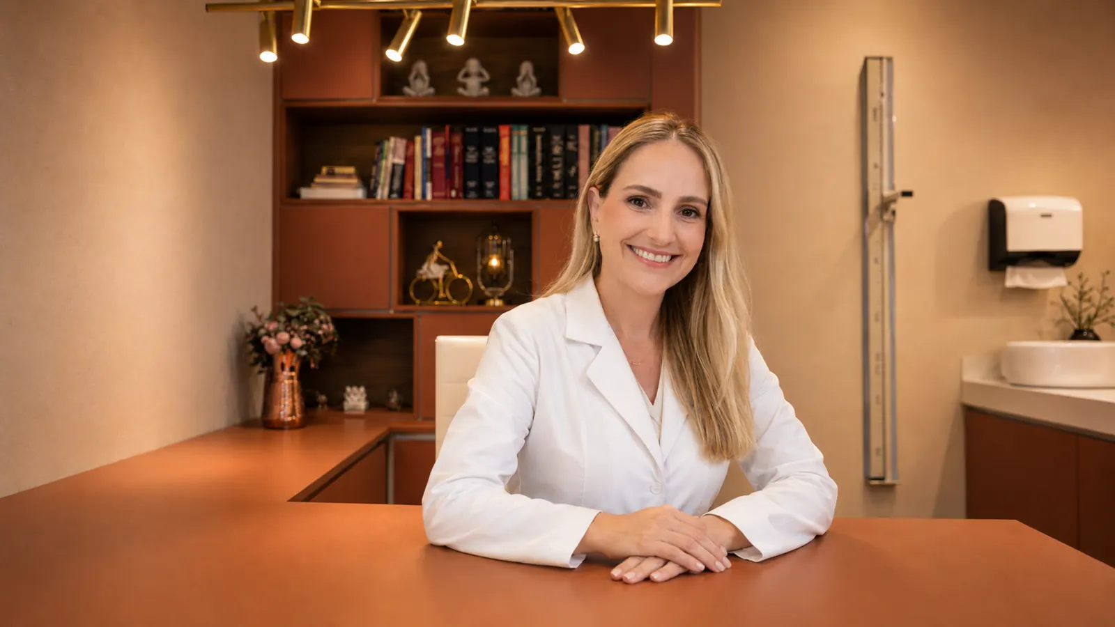 Dra. Fernanda Trolezi sorrindo no consultório de endocrinologia pediátrica